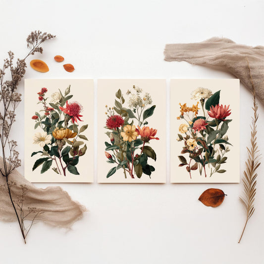 Set of Three Vintage Botanical Flower Art Prints - Antique Floral Illustration - Wildflower Poster Wall Art Gift Decor V19