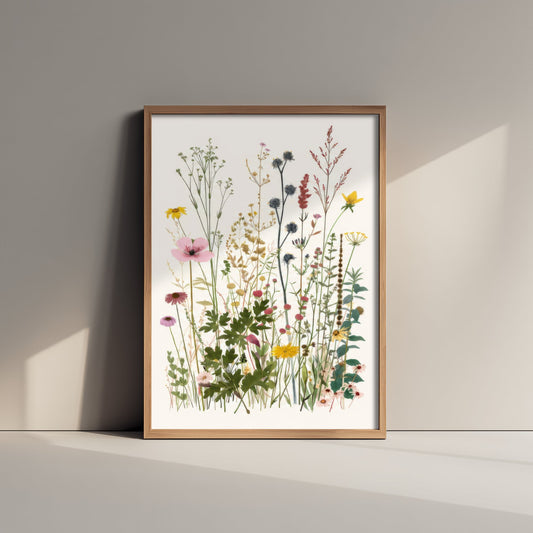 Vintage Meadow Art Print - Pressed Wildflower Poster - Botanical Illustration - Cottagecore Wall Art V20 1/3