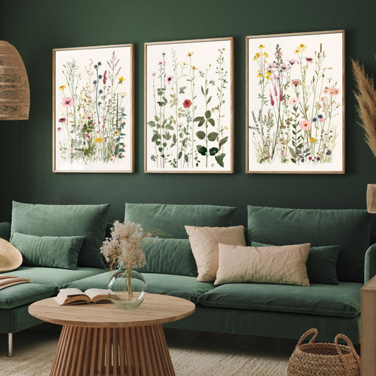 Vintage Wildflower Meadow Set of Three Art Prints - Delicate Botanical Illustration - Floral Poster Wall Art Gift Decor V20