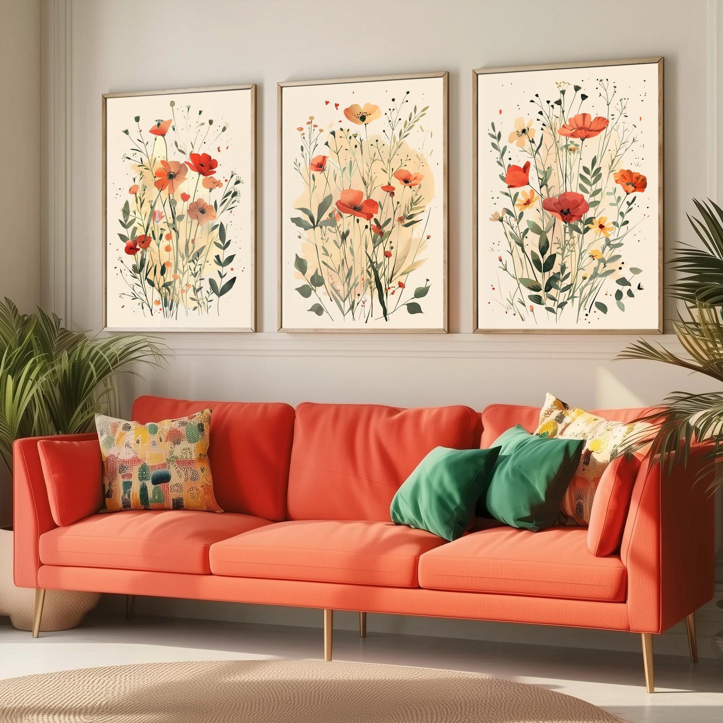 Vintage Floral Set of Three Art Prints | Red Poppy Orange Anemone Watercolour Poster V3