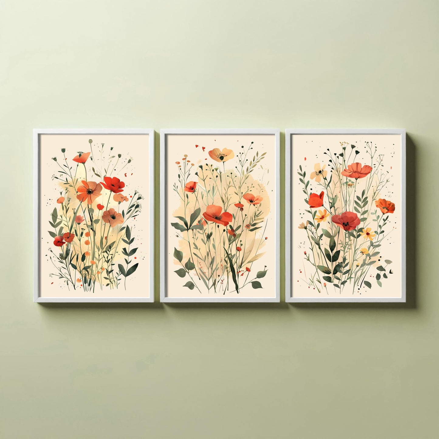 Vintage Floral Set of Three Art Prints | Red Poppy Orange Anemone Watercolour Poster V3