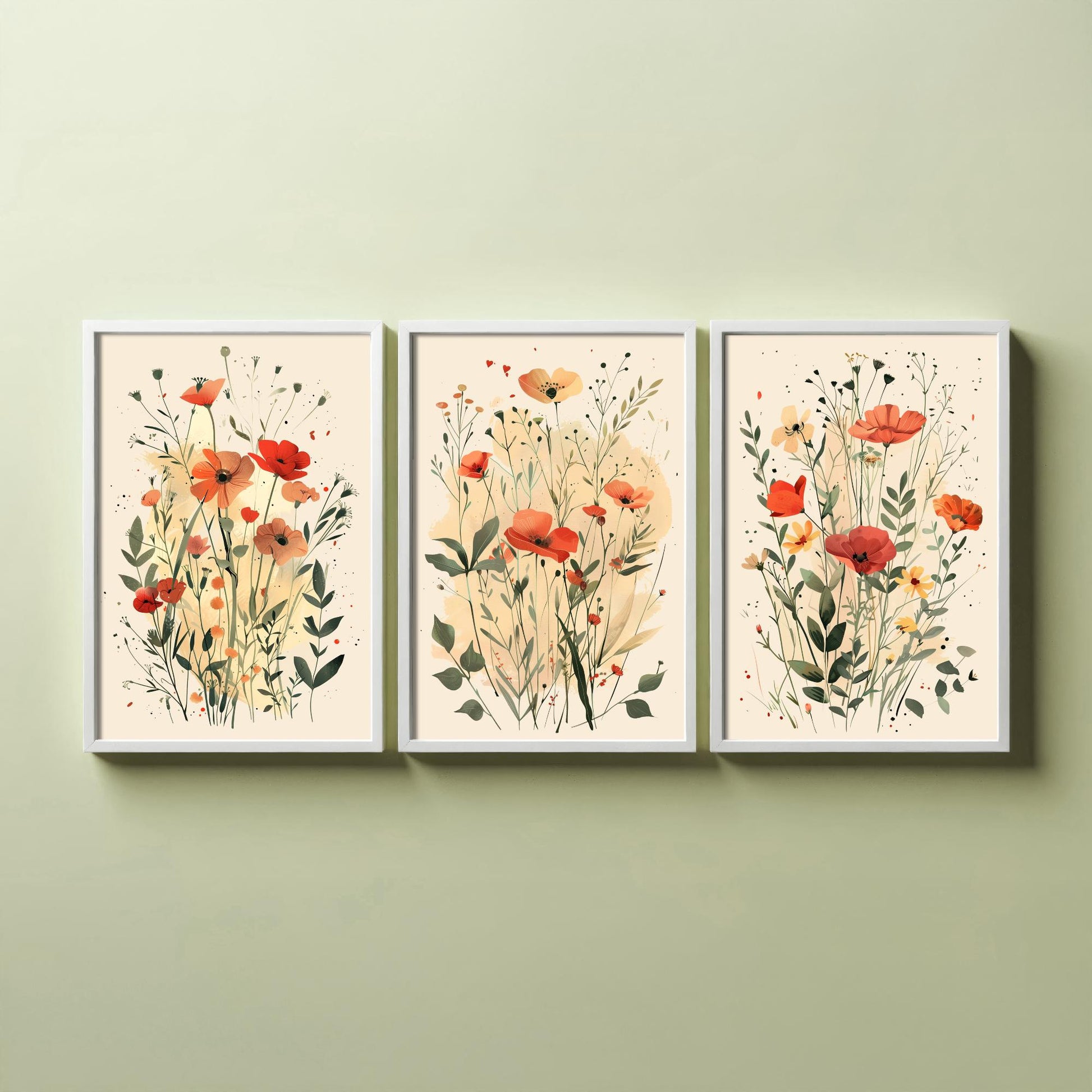 Vintage Floral Set of Three Art Prints | Red Poppy Orange Anemone Watercolour Poster V3
