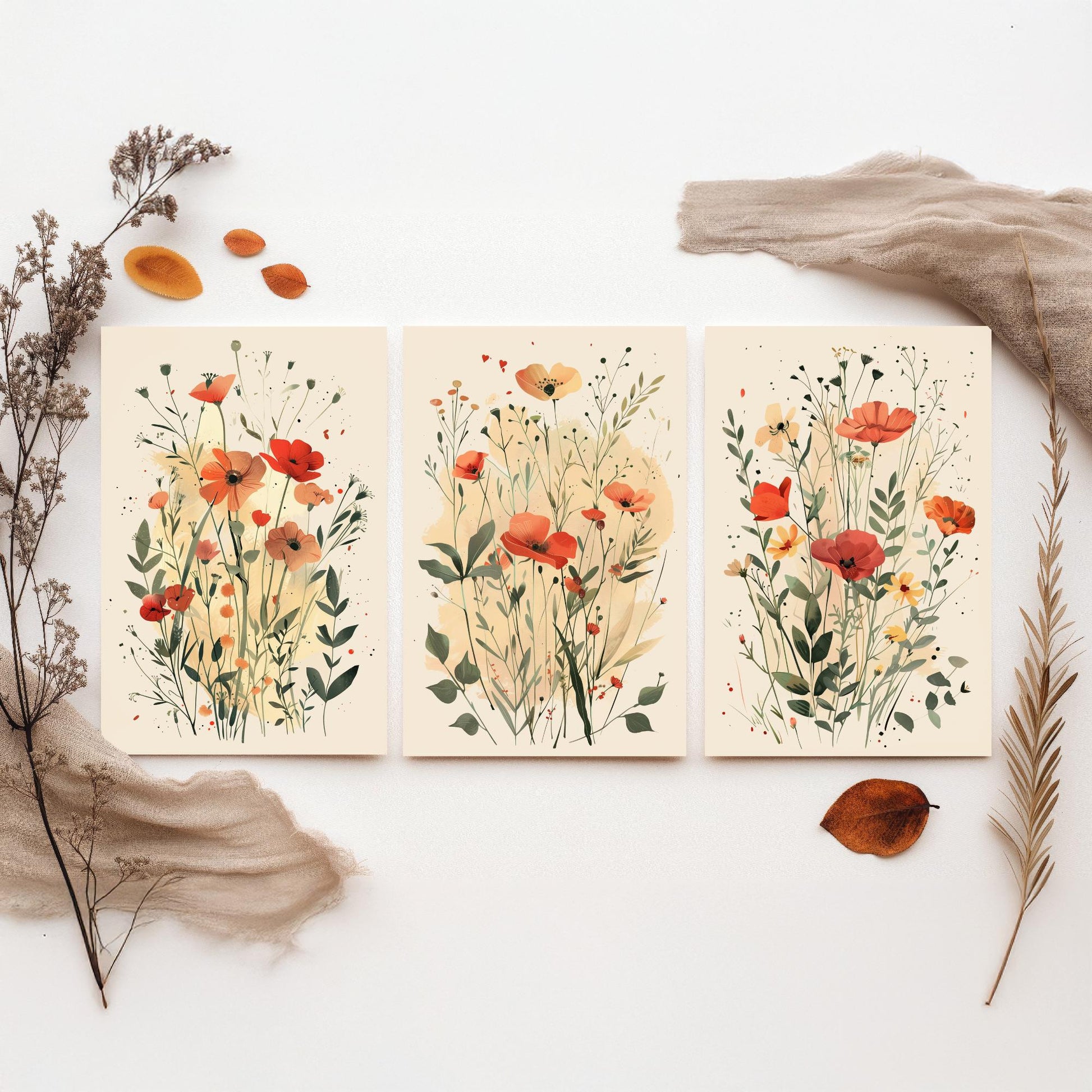 Vintage Floral Set of Three Art Prints | Red Poppy Orange Anemone Watercolour Poster V3