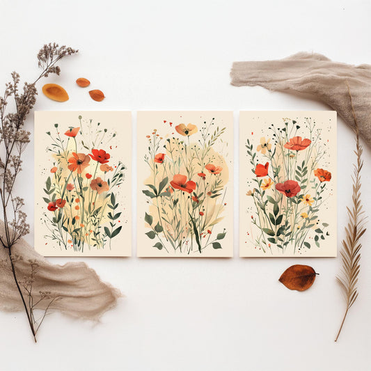 Vintage Floral Set of Three Art Prints | Red Poppy Orange Anemone Watercolour Poster V3