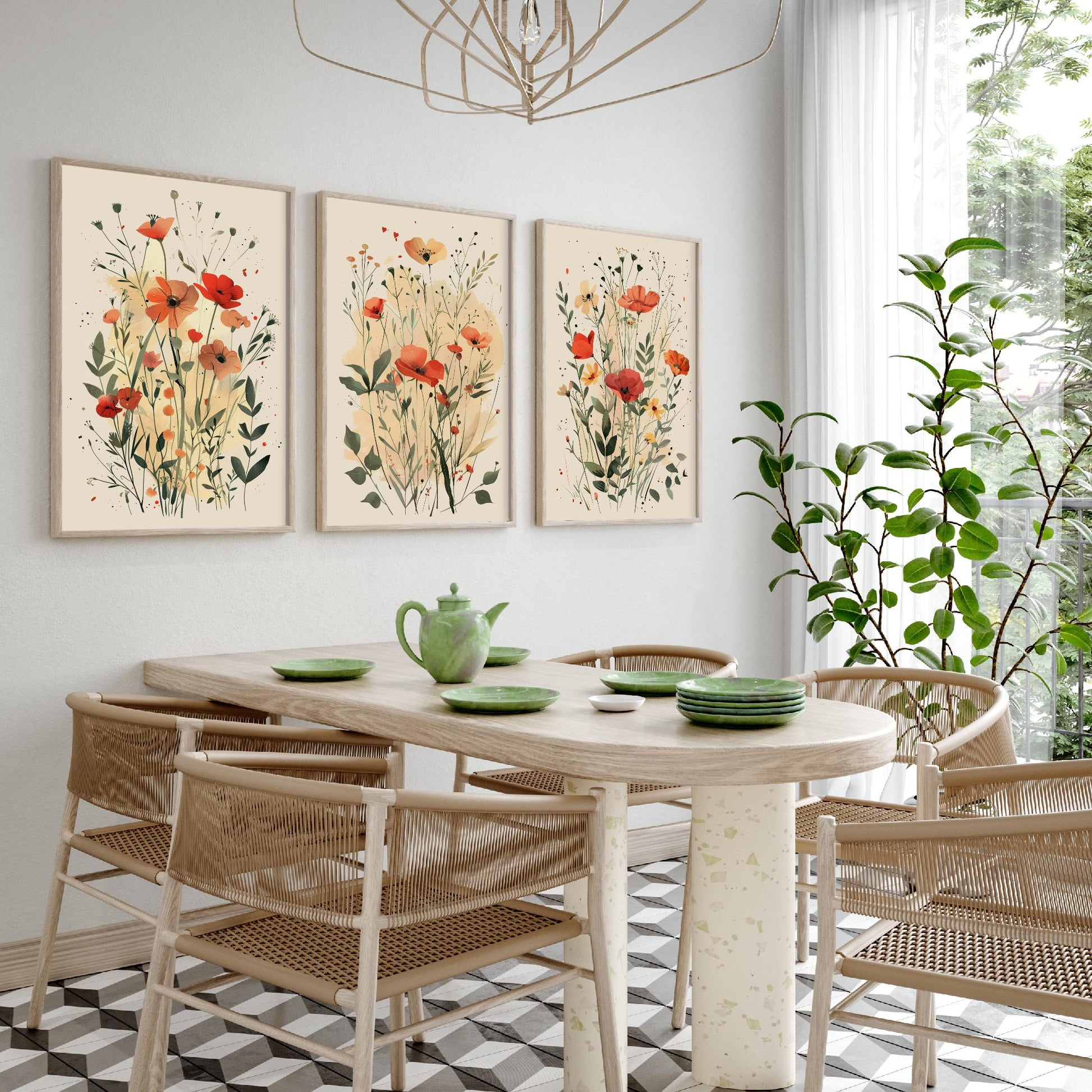 Vintage Floral Set of Three Art Prints | Red Poppy Orange Anemone Watercolour Poster V3