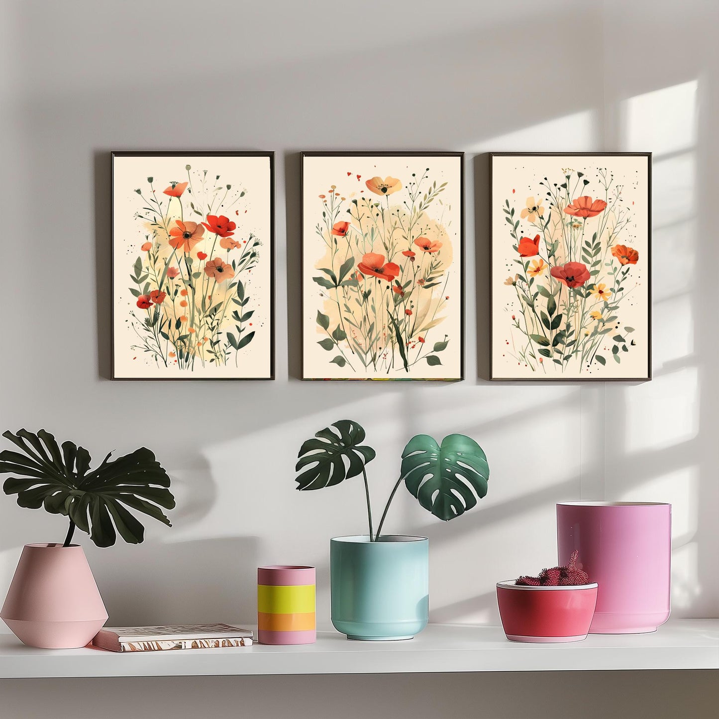 Vintage Floral Set of Three Art Prints | Red Poppy Orange Anemone Watercolour Poster V3
