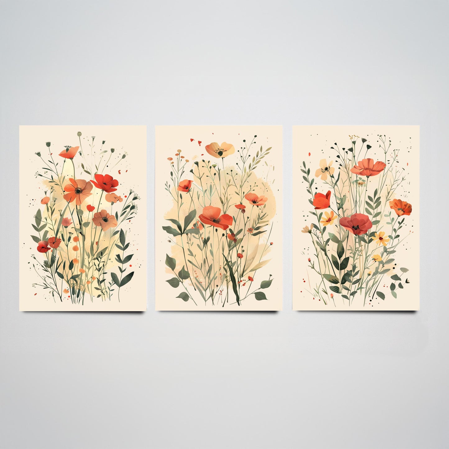 Vintage Floral Set of Three Art Prints | Red Poppy Orange Anemone Watercolour Poster V3