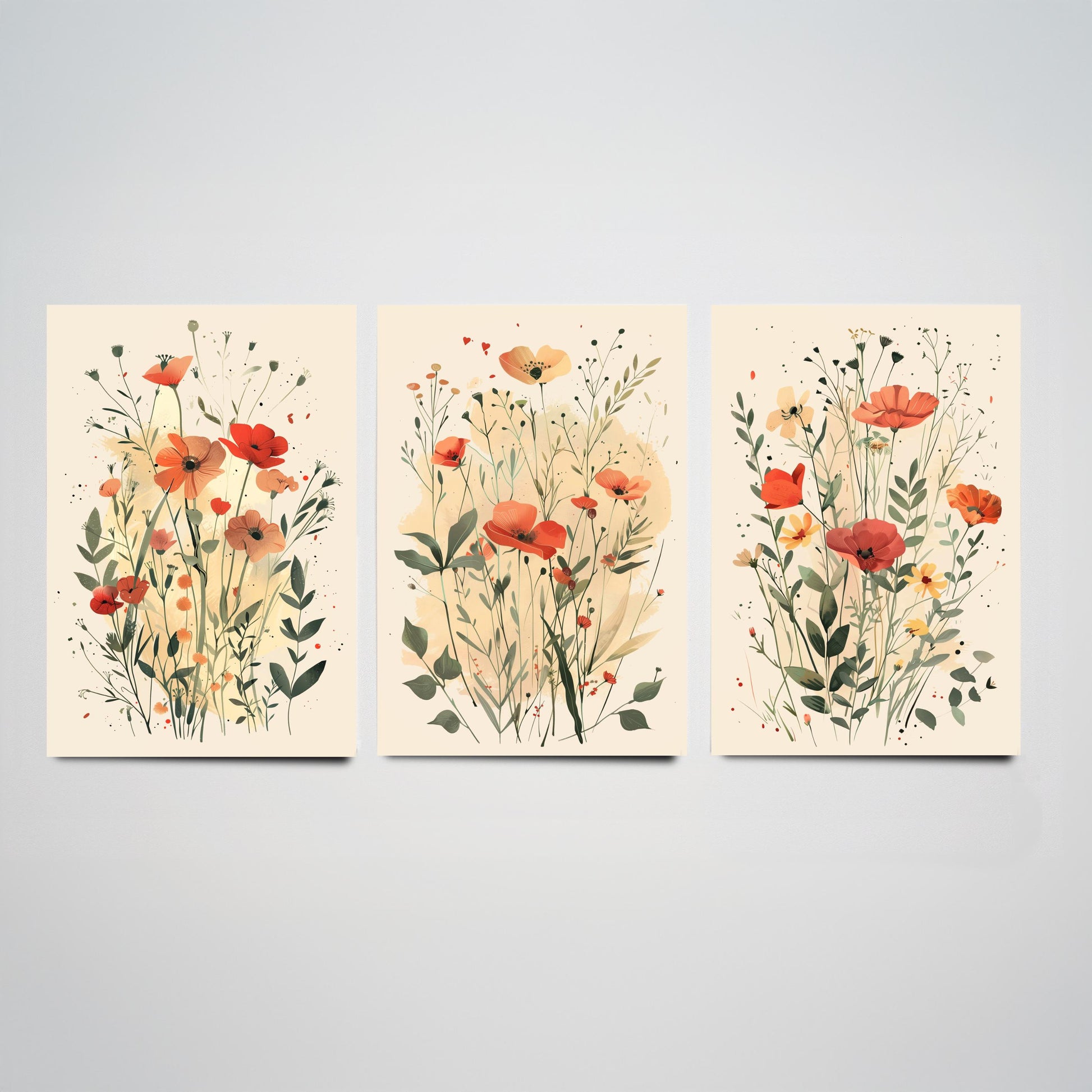Vintage Floral Set of Three Art Prints | Red Poppy Orange Anemone Watercolour Poster V3