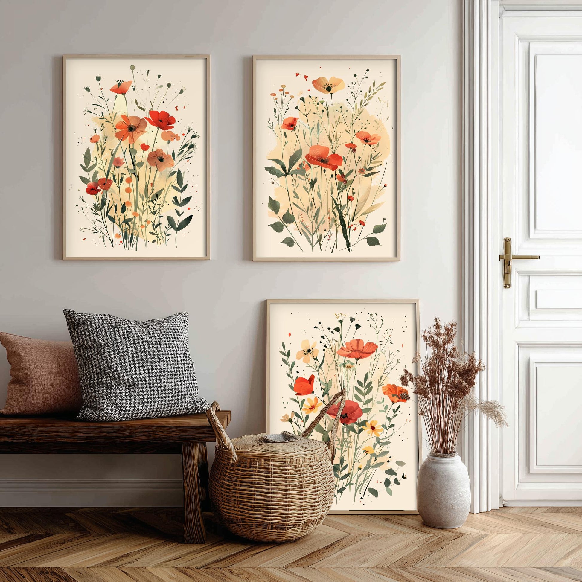 Vintage Floral Set of Three Art Prints | Red Poppy Orange Anemone Watercolour Poster V3