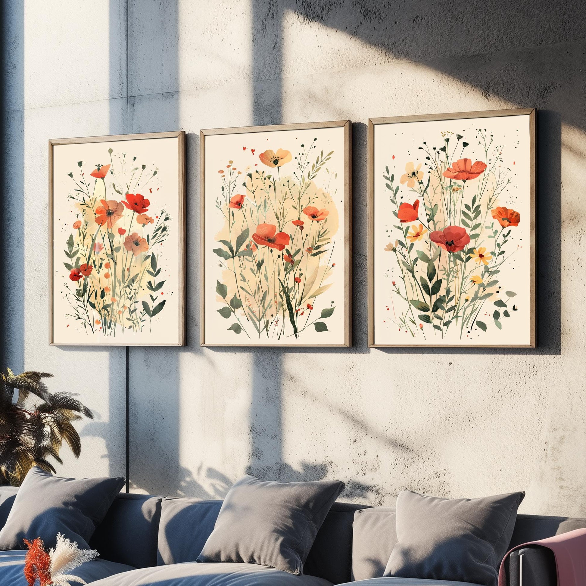 Vintage Floral Set of Three Art Prints | Red Poppy Orange Anemone Watercolour Poster V3