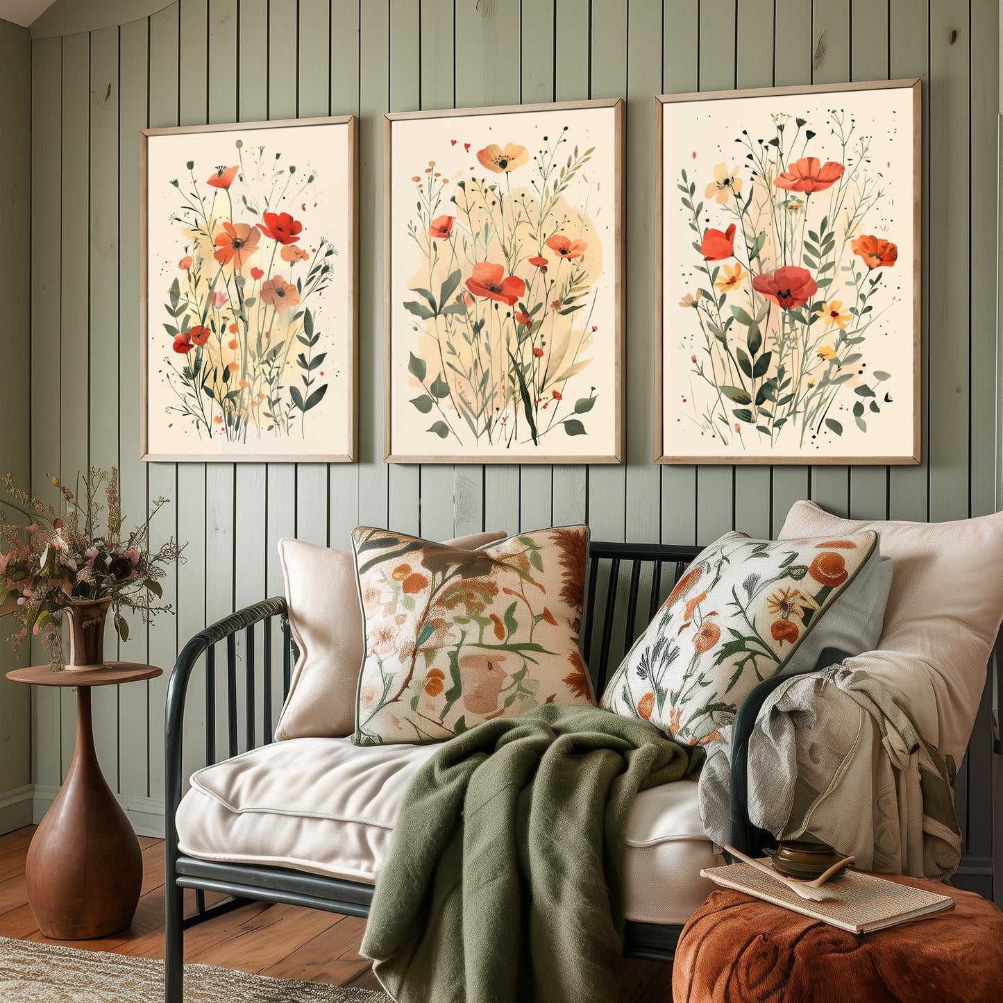 Vintage Floral Set of Three Art Prints | Red Poppy Orange Anemone Watercolour Poster V3