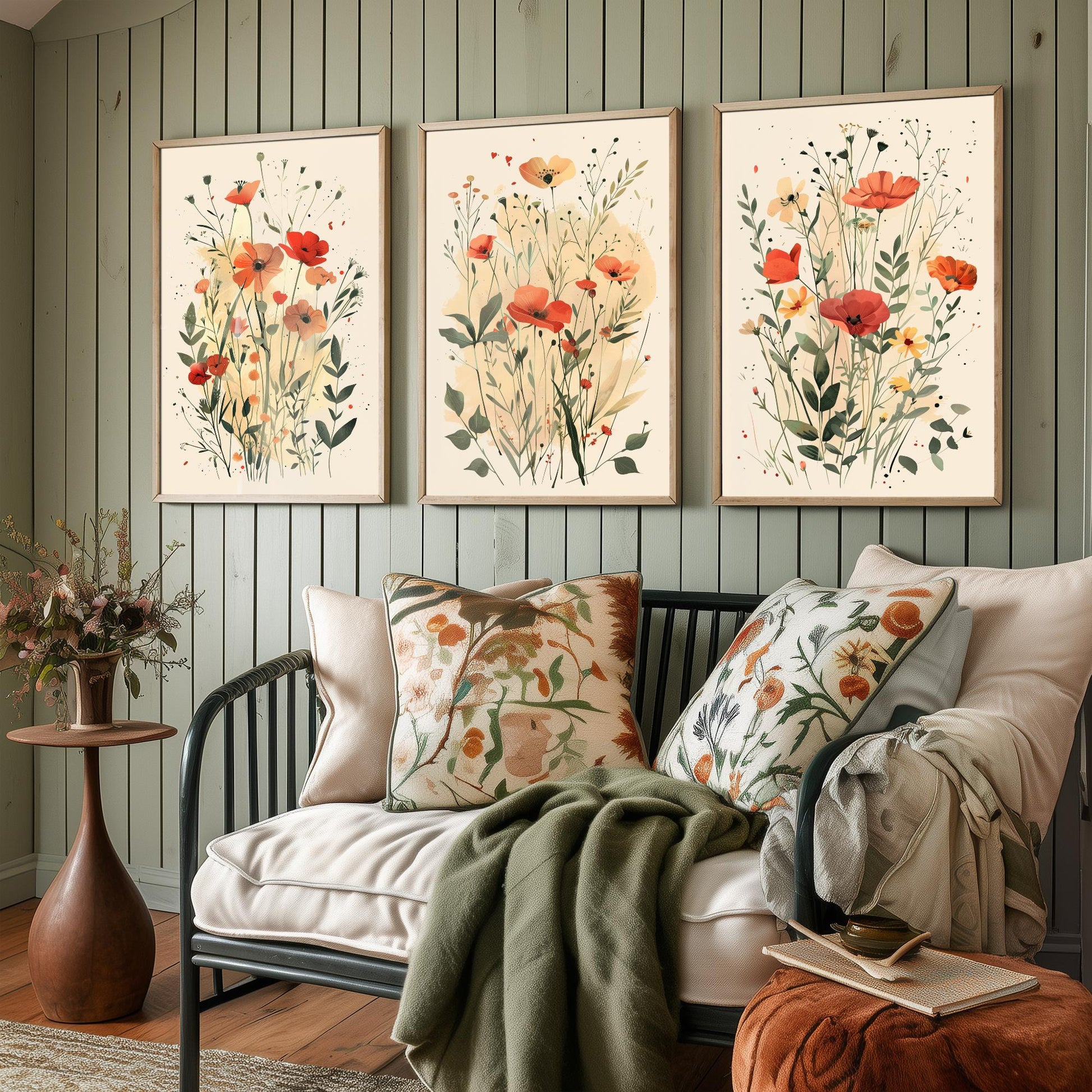 Vintage Floral Set of Three Art Prints | Red Poppy Orange Anemone Watercolour Poster V3