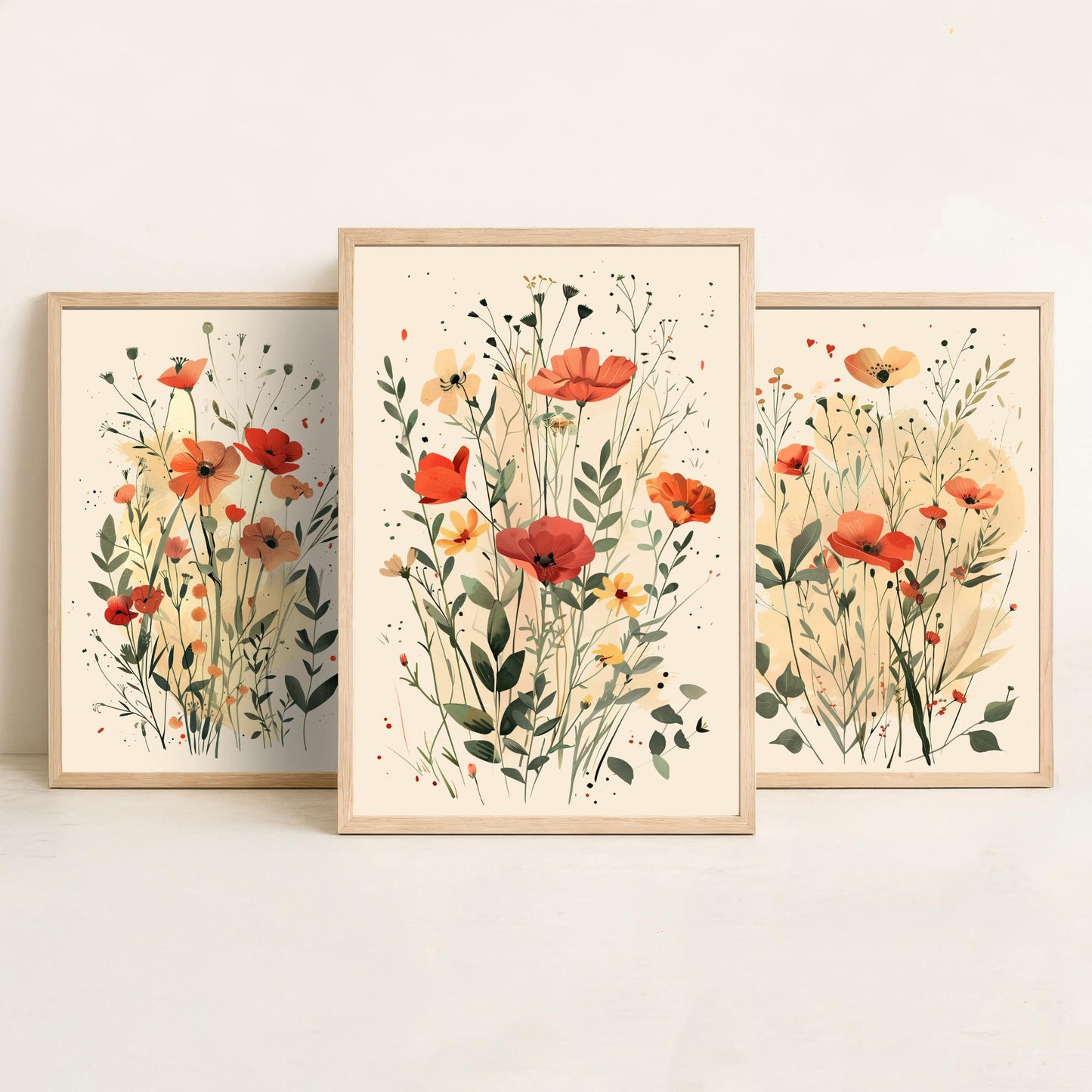 Vintage Floral Set of Three Art Prints | Red Poppy Orange Anemone Watercolour Poster V3