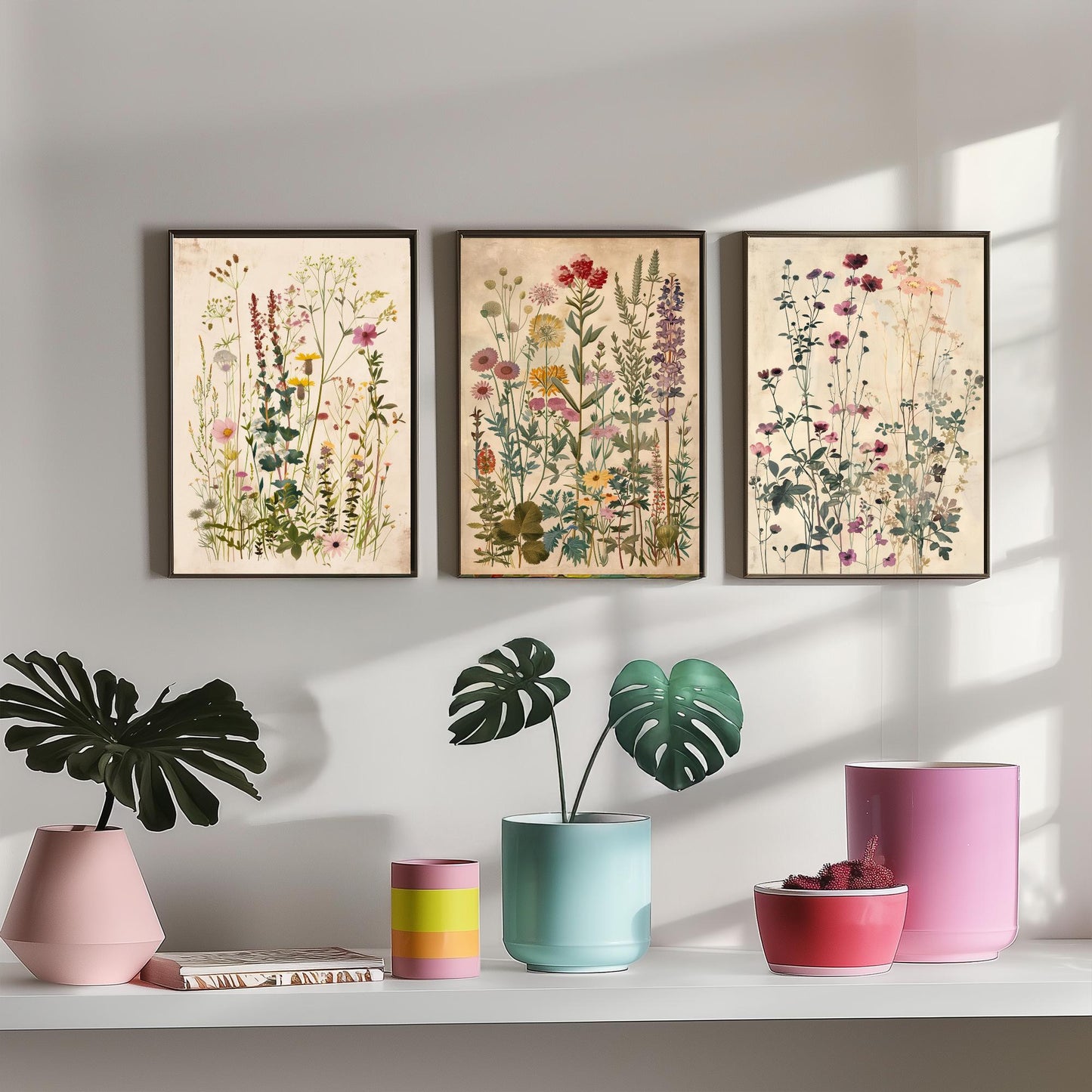 Vintage Floral Set of Three Art Prints | Pink Cosmos Purple Larkspur Meadow Illustration Poster V4