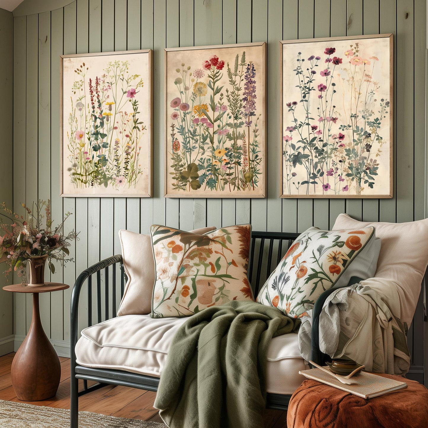 Vintage Floral Set of Three Art Prints | Pink Cosmos Purple Larkspur Meadow Illustration Poster V4