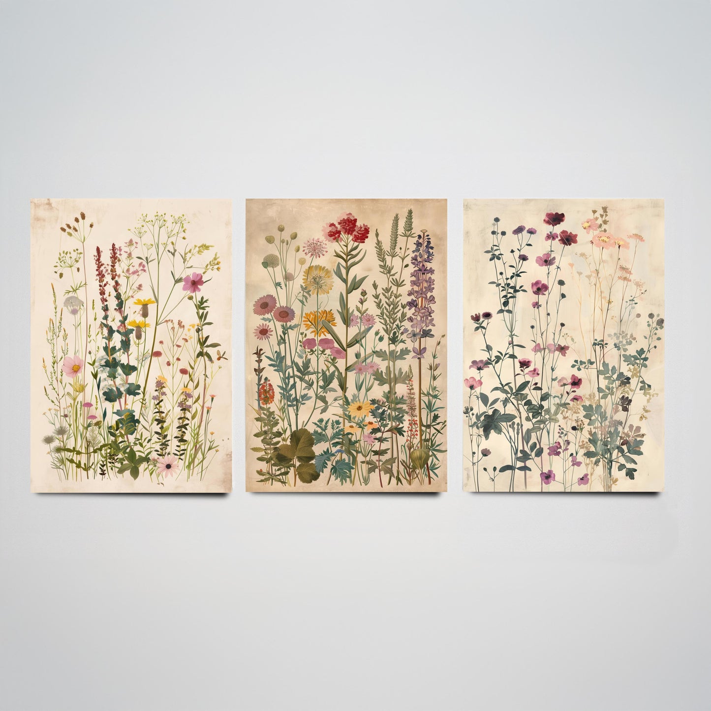 Vintage Floral Set of Three Art Prints | Pink Cosmos Purple Larkspur Meadow Illustration Poster V4
