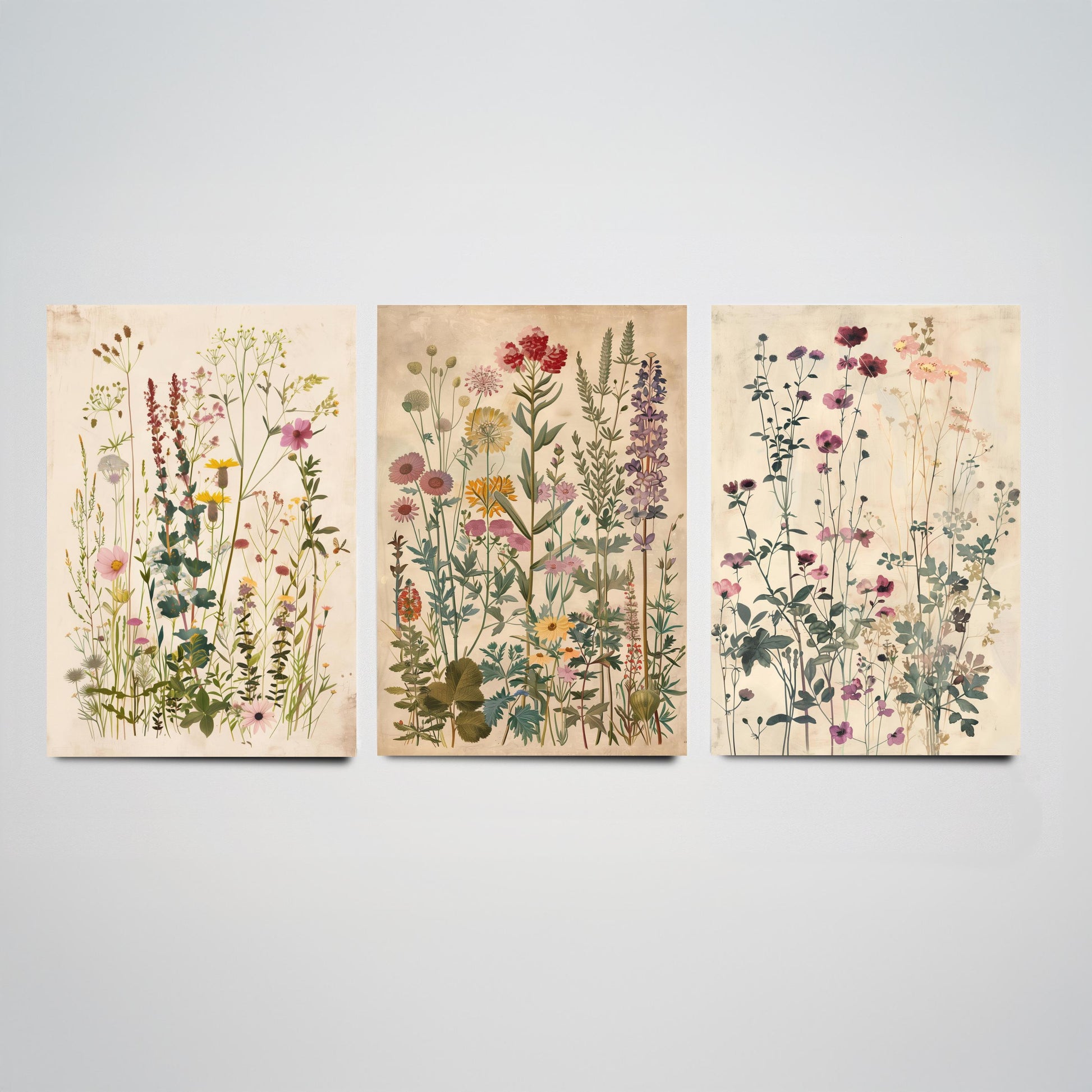 Vintage Floral Set of Three Art Prints | Pink Cosmos Purple Larkspur Meadow Illustration Poster V4