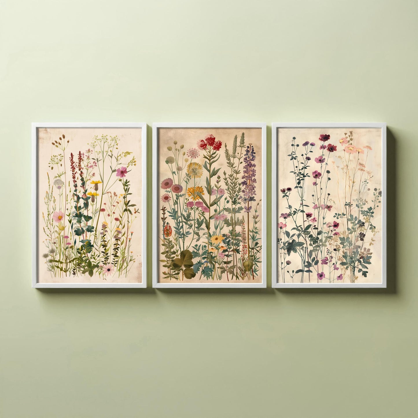 Vintage Floral Set of Three Art Prints | Pink Cosmos Purple Larkspur Meadow Illustration Poster V4