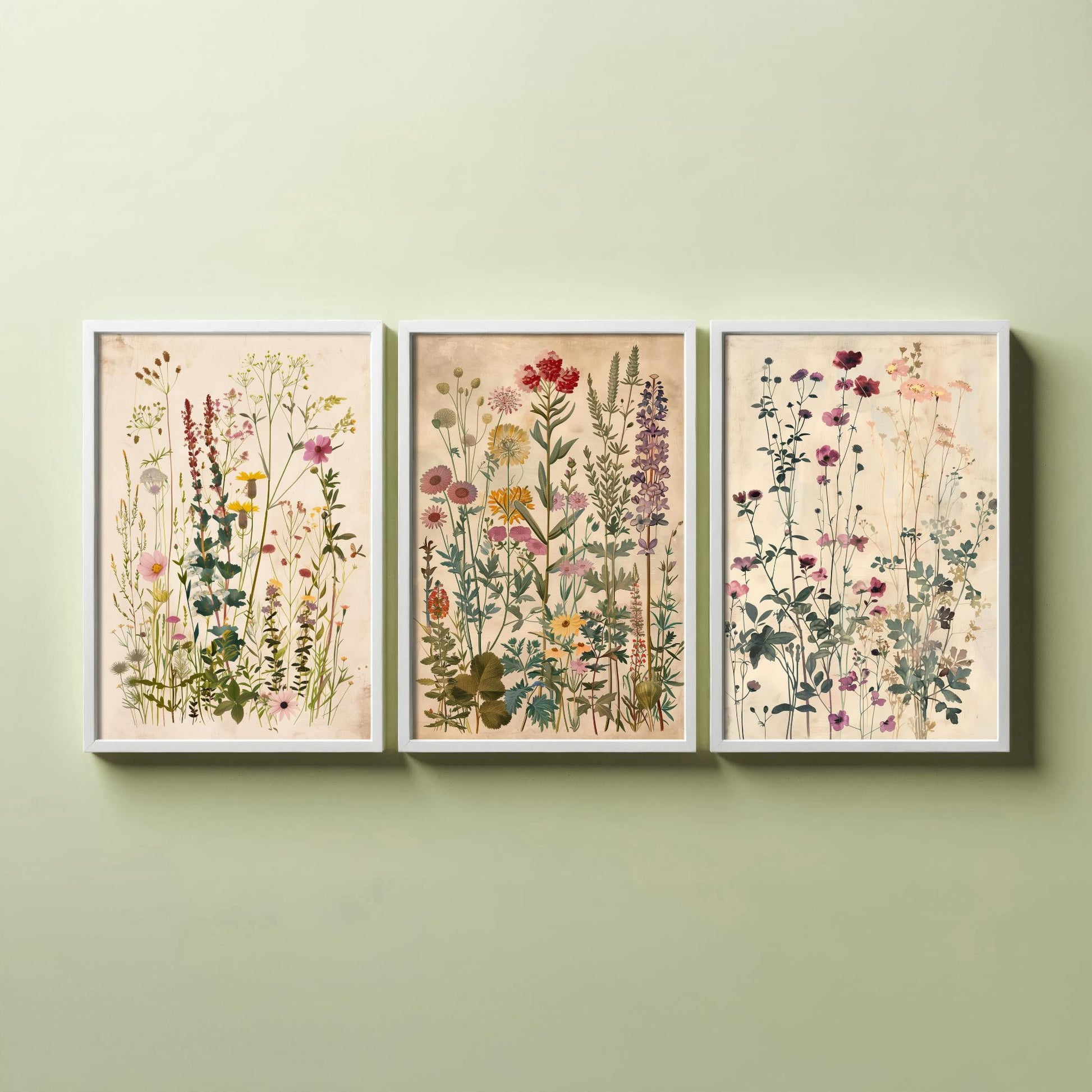 Vintage Floral Set of Three Art Prints | Pink Cosmos Purple Larkspur Meadow Illustration Poster V4