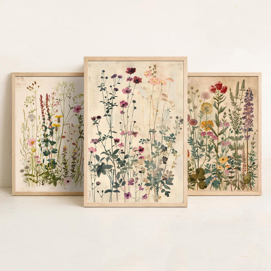 Vintage Floral Set of Three Art Prints | Pink Cosmos Purple Larkspur Meadow Illustration Poster V4