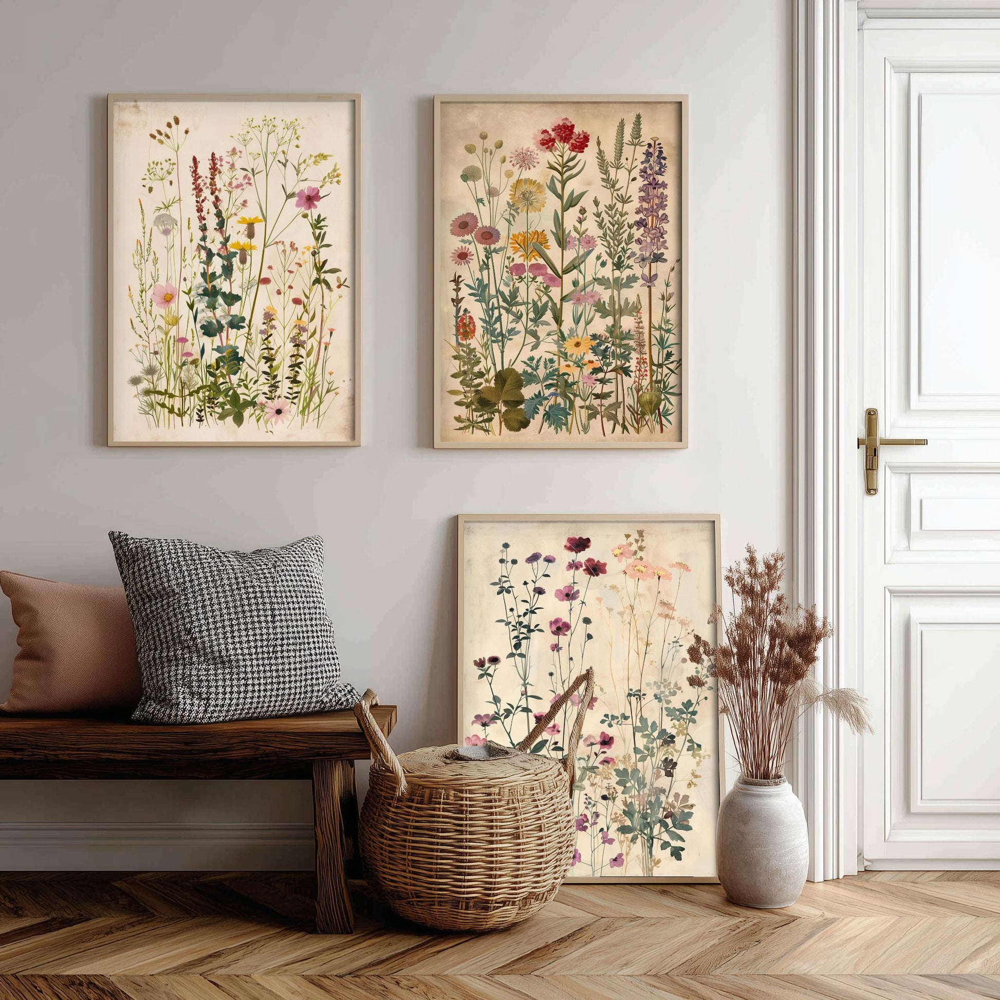 Vintage Floral Set of Three Art Prints | Pink Cosmos Purple Larkspur Meadow Illustration Poster V4