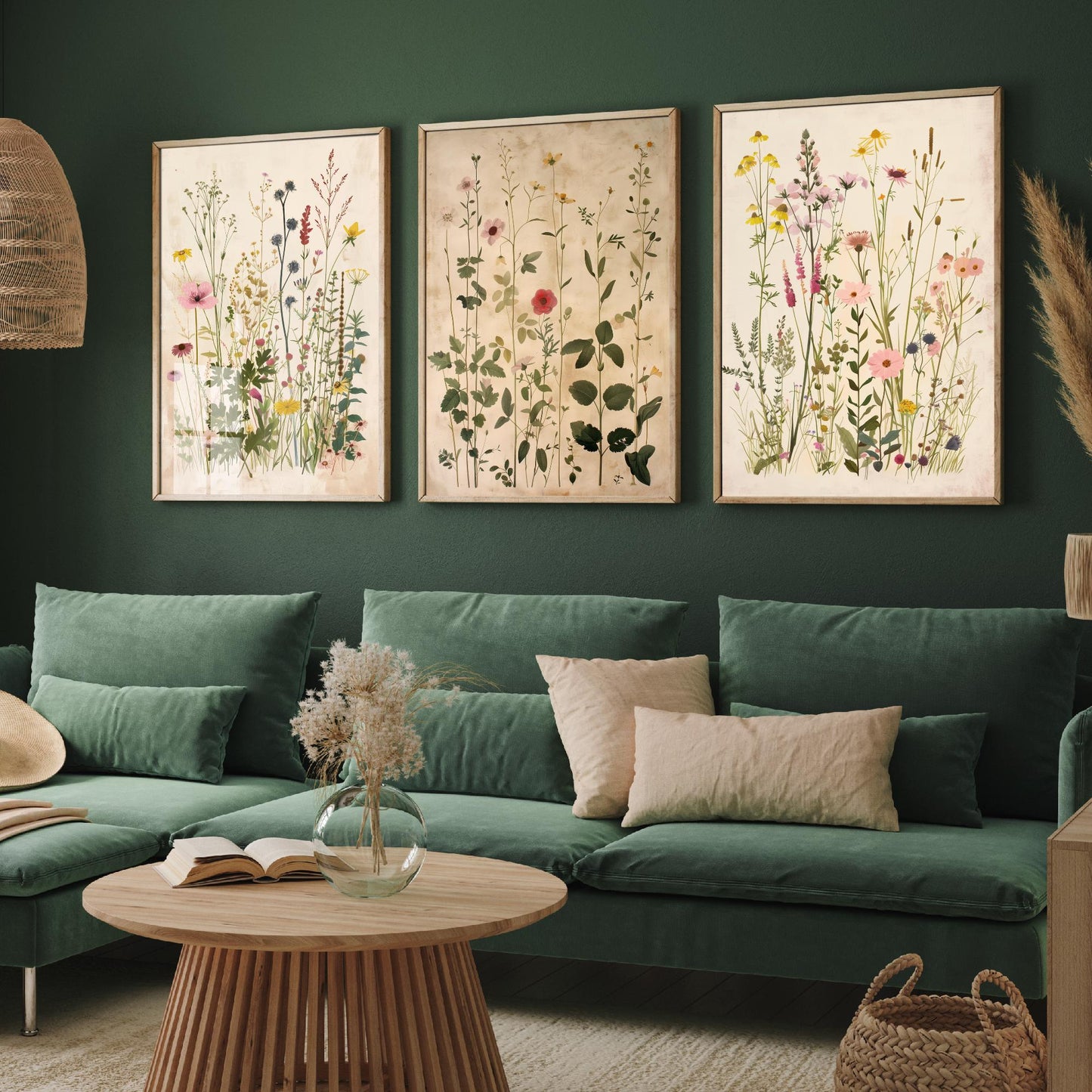 Vintage Floral Set of Three Art Prints | Yellow Coneflower Pink Foxglove Painting Poster V5