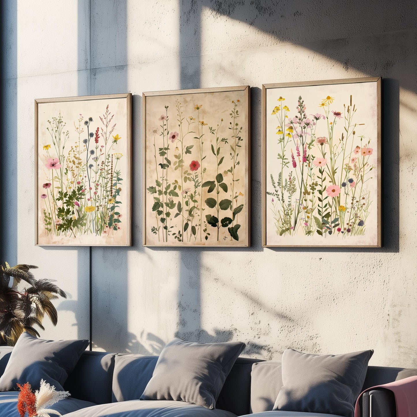Vintage Floral Set of Three Art Prints | Yellow Coneflower Pink Foxglove Painting Poster V5