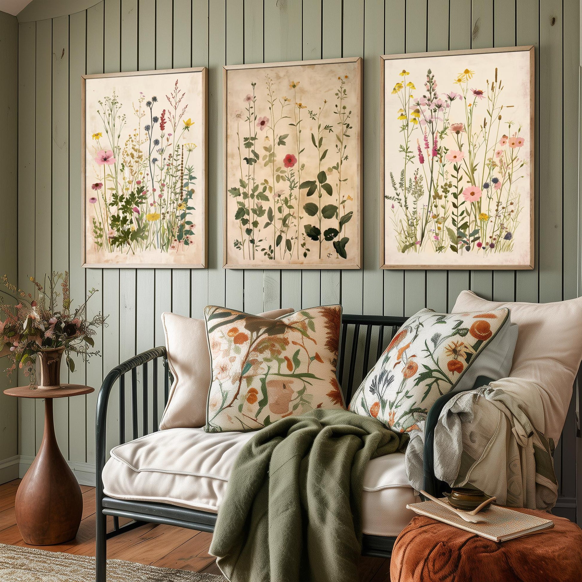 Vintage Floral Set of Three Art Prints | Yellow Coneflower Pink Foxglove Painting Poster V5