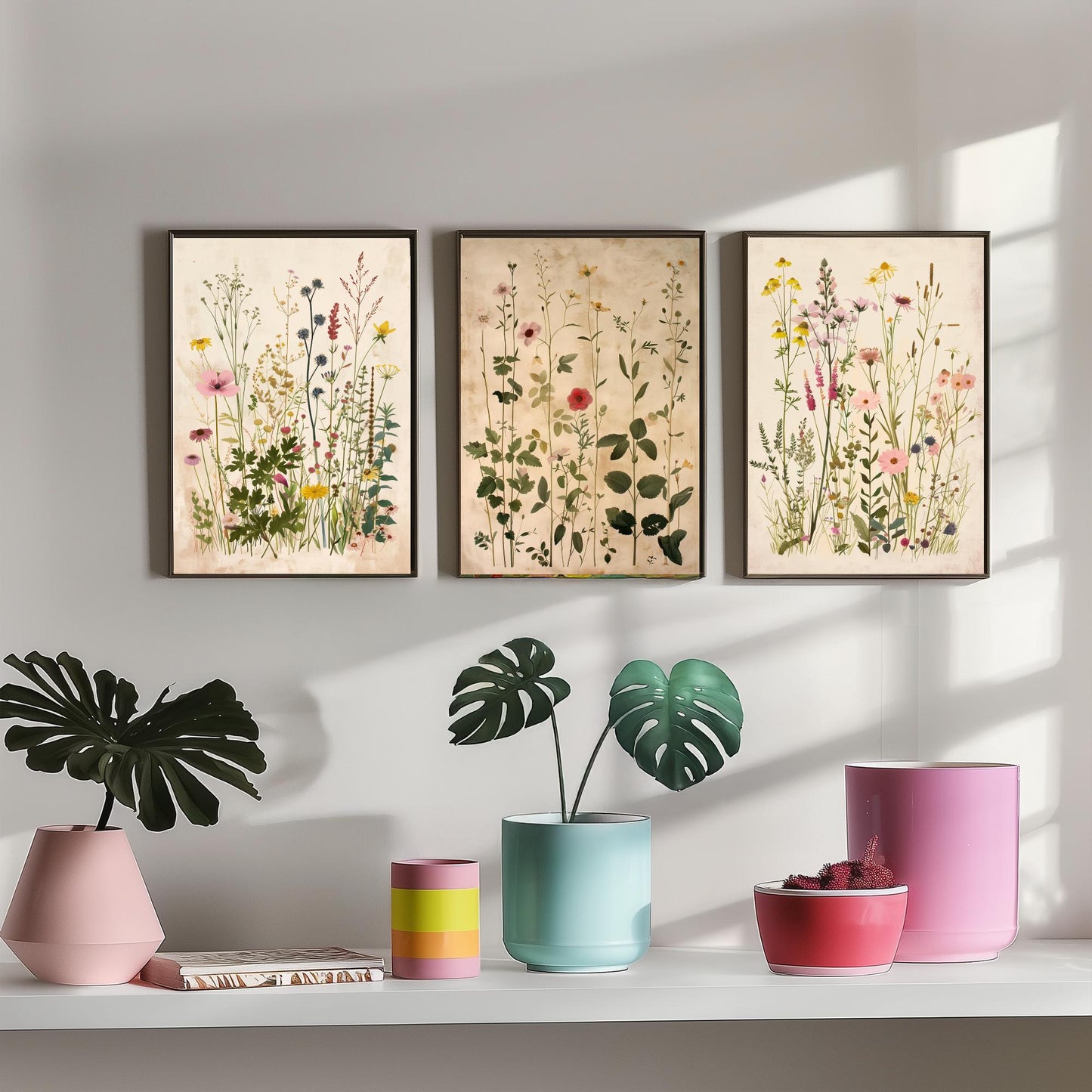 Vintage Floral Set of Three Art Prints | Yellow Coneflower Pink Foxglove Painting Poster V5