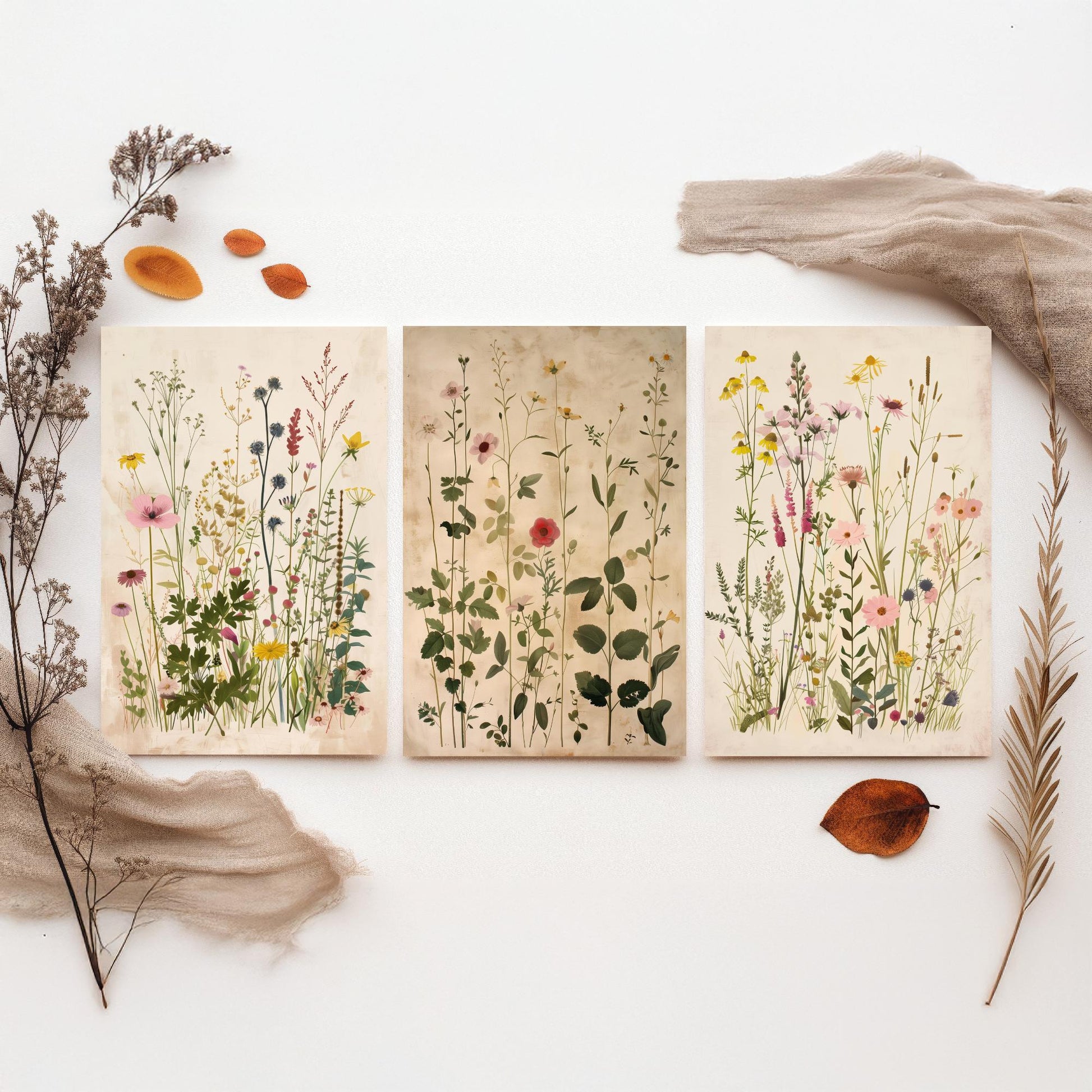 Vintage Floral Set of Three Art Prints | Yellow Coneflower Pink Foxglove Painting Poster V5