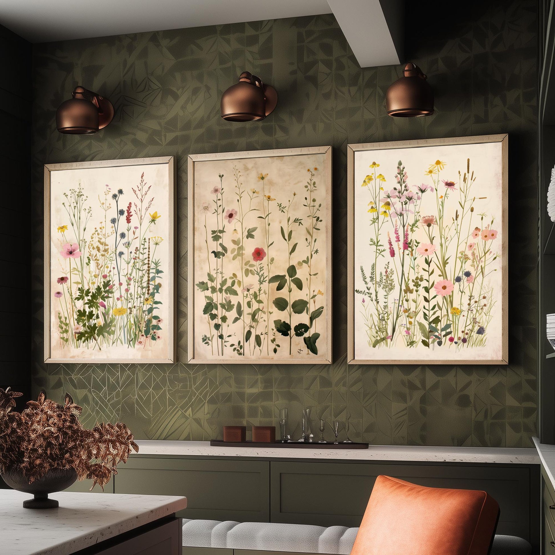 Vintage Floral Set of Three Art Prints | Yellow Coneflower Pink Foxglove Painting Poster V5