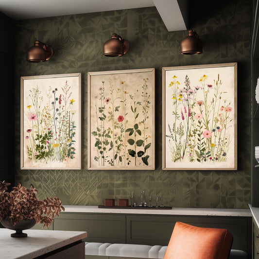 Vintage Floral Set of Three Art Prints | Yellow Coneflower Pink Foxglove Painting Poster V5