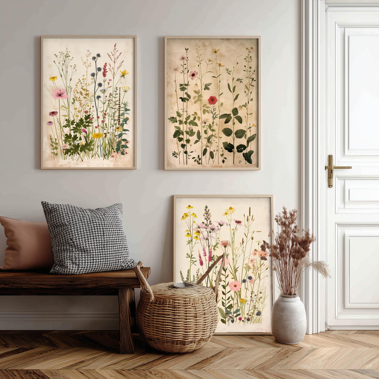 Vintage Floral Set of Three Art Prints | Yellow Coneflower Pink Foxglove Painting Poster V5