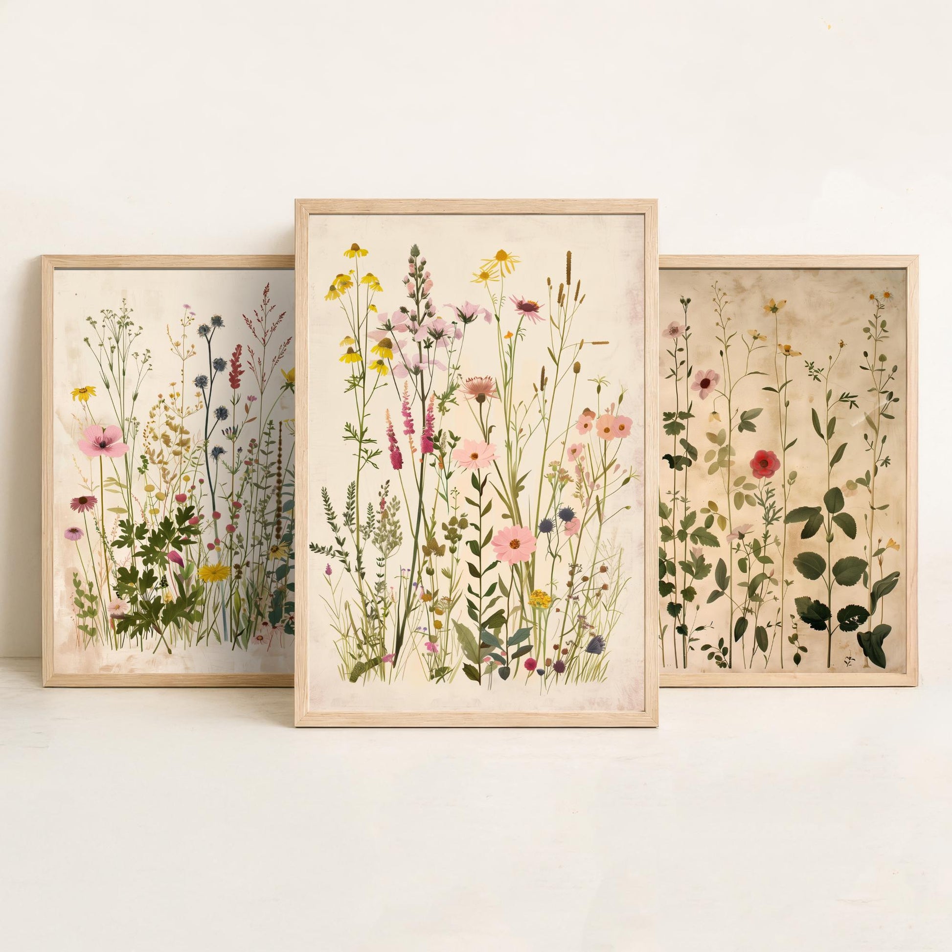 Vintage Floral Set of Three Art Prints | Yellow Coneflower Pink Foxglove Painting Poster V5
