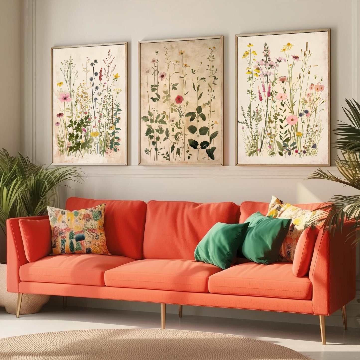 Vintage Floral Set of Three Art Prints | Yellow Coneflower Pink Foxglove Painting Poster V5