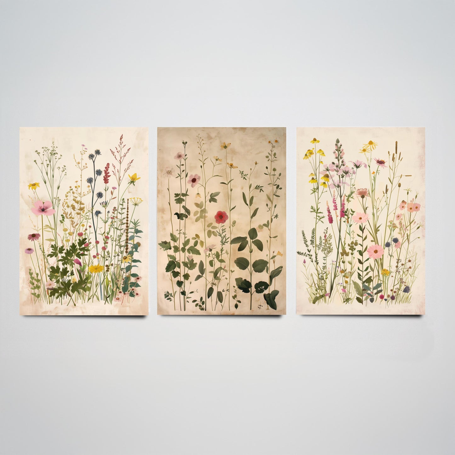 Vintage Floral Set of Three Art Prints | Yellow Coneflower Pink Foxglove Painting Poster V5