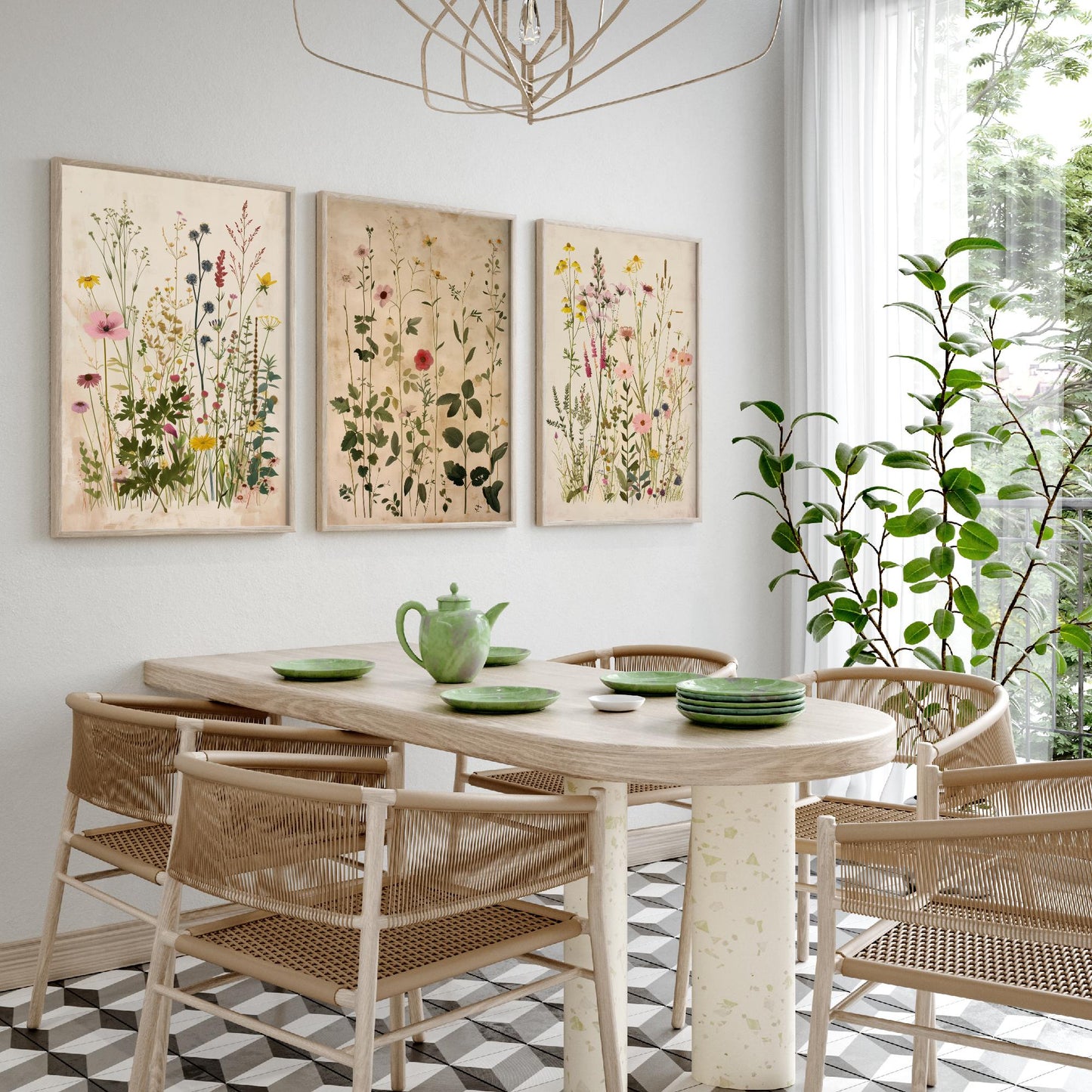 Vintage Floral Set of Three Art Prints | Yellow Coneflower Pink Foxglove Painting Poster V5