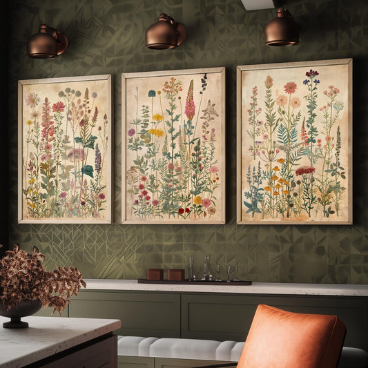 Set of Three Vintage Flower Prints V6 - Set of 3 Floral Plants Paintings Poster