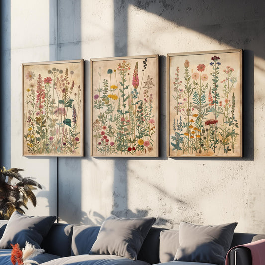 Vintage Floral Set of Three Art Prints | Purple Larkspur Coral Poppy Antique Painting Poster V6