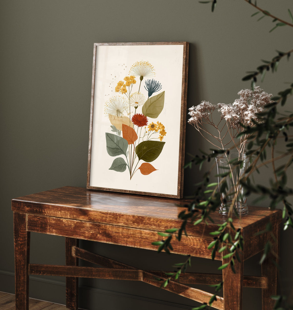 Vintage Wildflower Art Print - Meadow Bouquet Poster - Botanical Painting - Rust and Sage Blooms V7 2/3