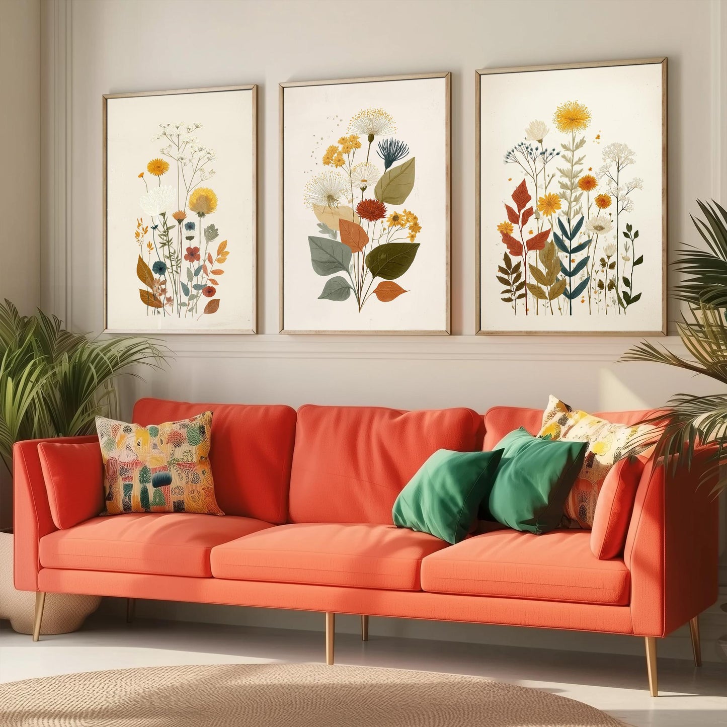 Vintage Floral Set of Three Art Prints | Orange Daisy Dandelion Modern Illustration Poster V7