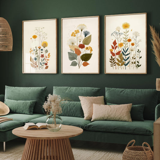 Vintage Floral Set of Three Art Prints | Orange Daisy Dandelion Modern Illustration Poster V7