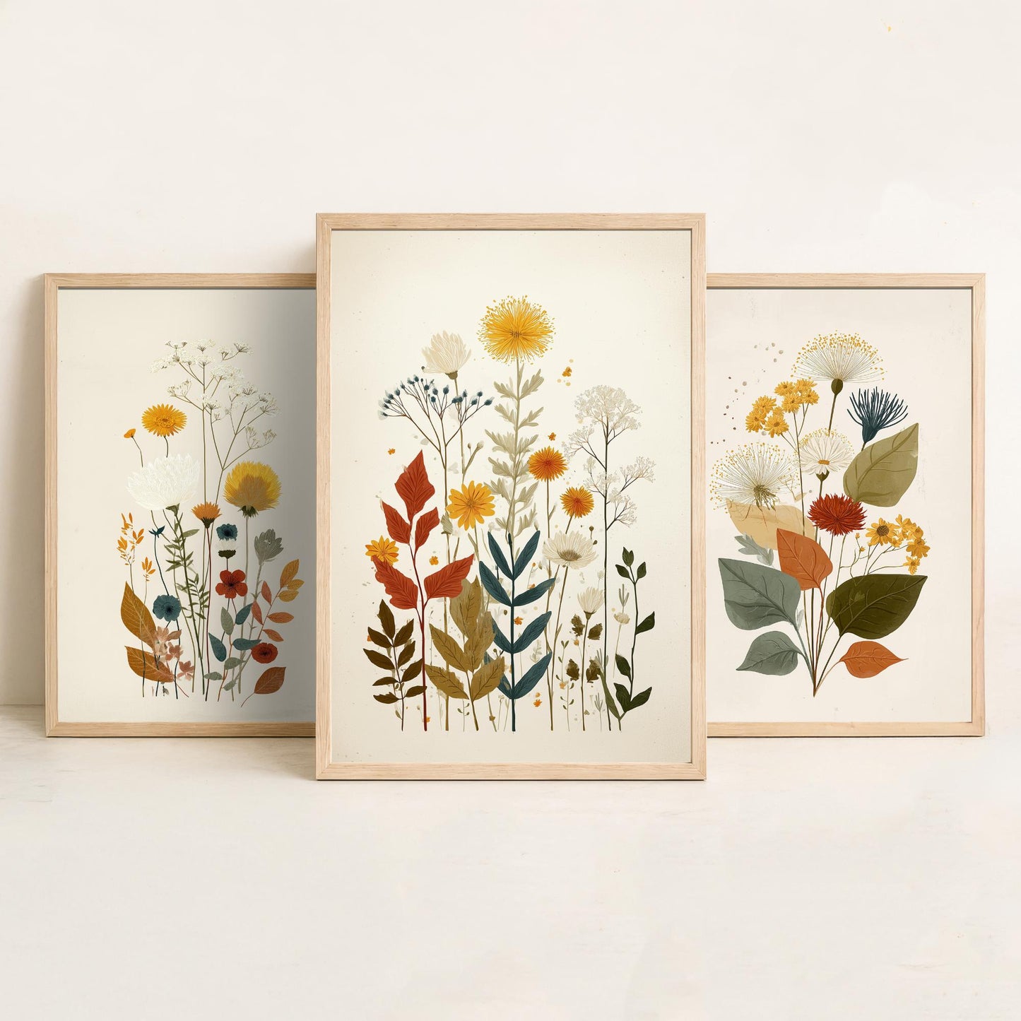 Vintage Floral Set of Three Art Prints | Orange Daisy Dandelion Modern Illustration Poster V7