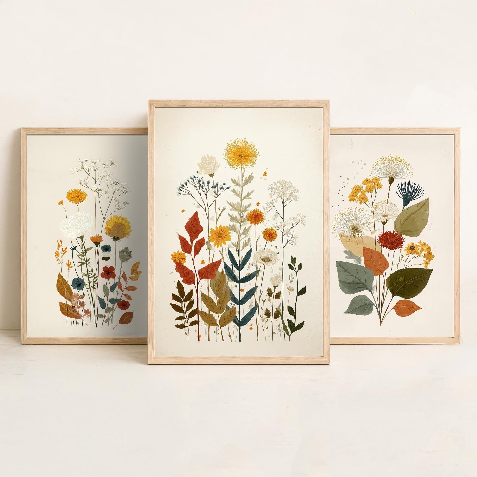 Vintage Floral Set of Three Art Prints | Orange Daisy Dandelion Modern Illustration Poster V7