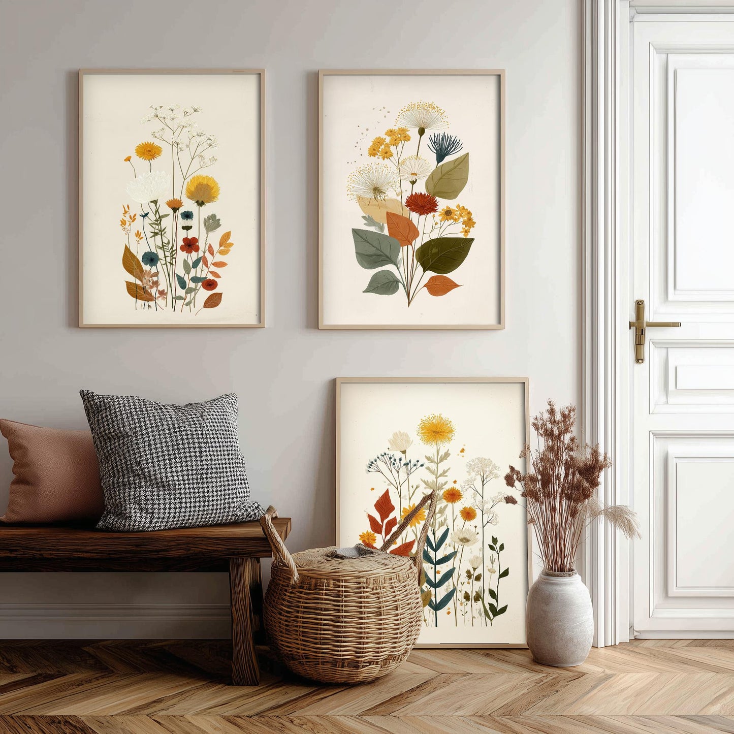 Vintage Floral Set of Three Art Prints | Orange Daisy Dandelion Modern Illustration Poster V7
