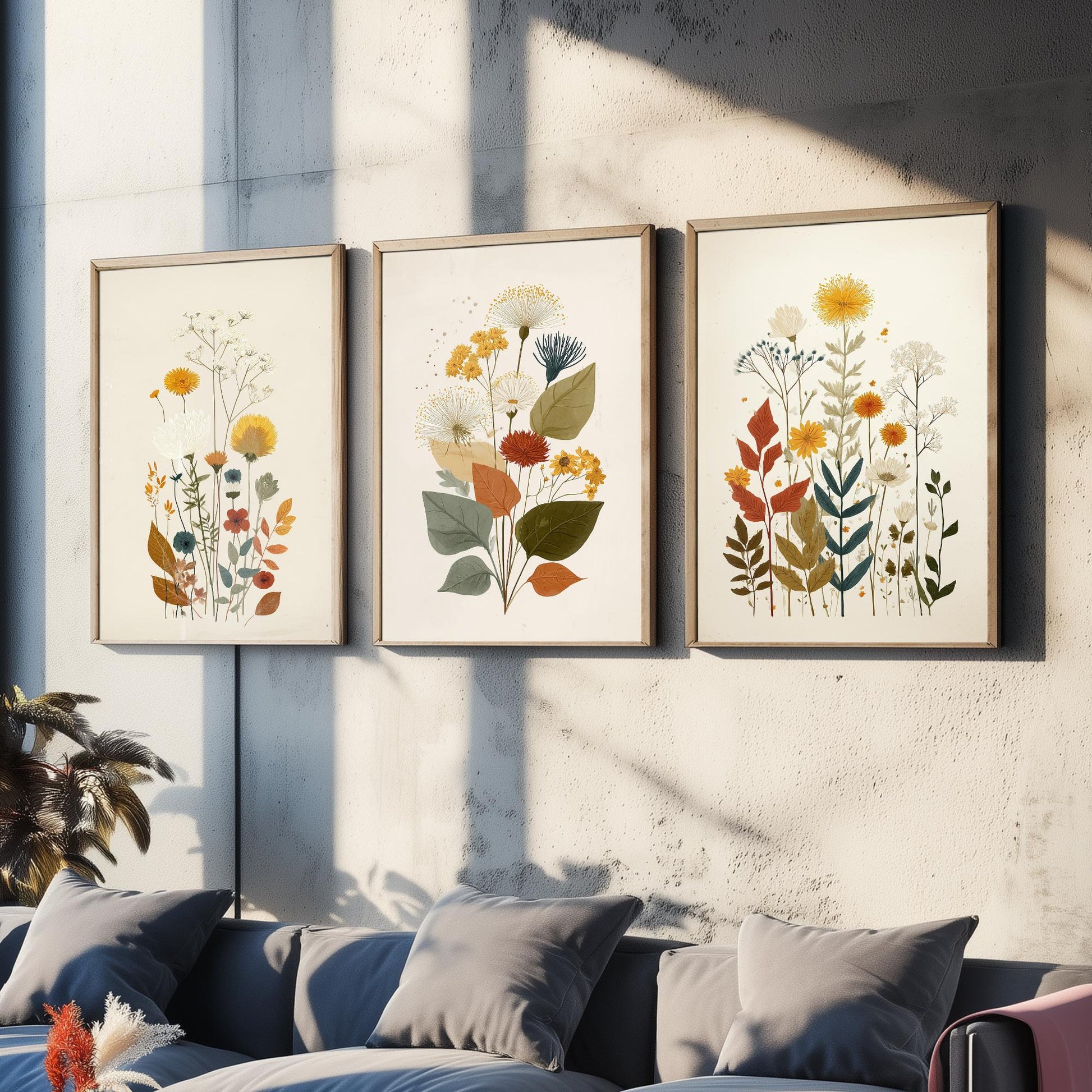 Vintage Floral Set of Three Art Prints | Orange Daisy Dandelion Modern Illustration Poster V7