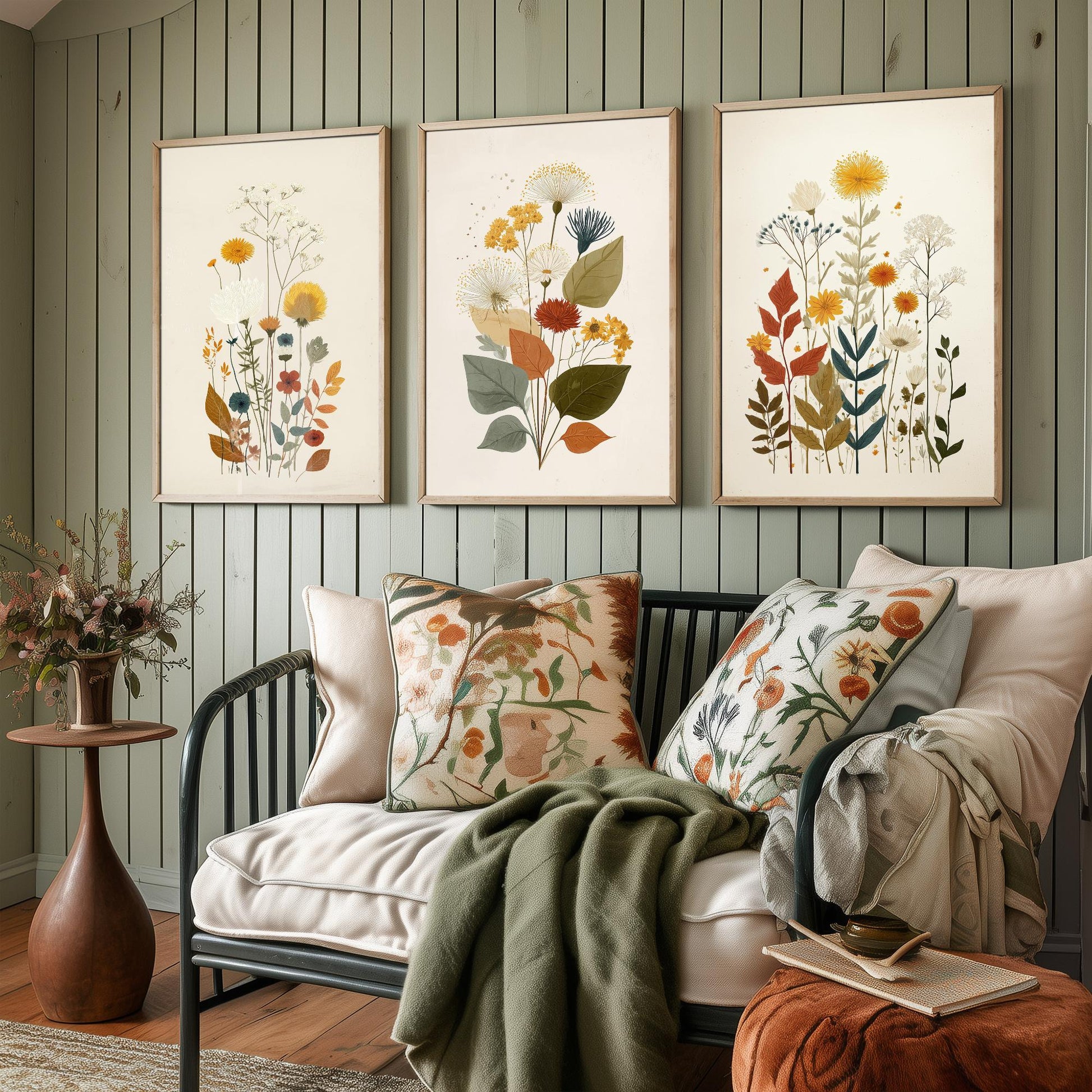 Vintage Floral Set of Three Art Prints | Orange Daisy Dandelion Modern Illustration Poster V7