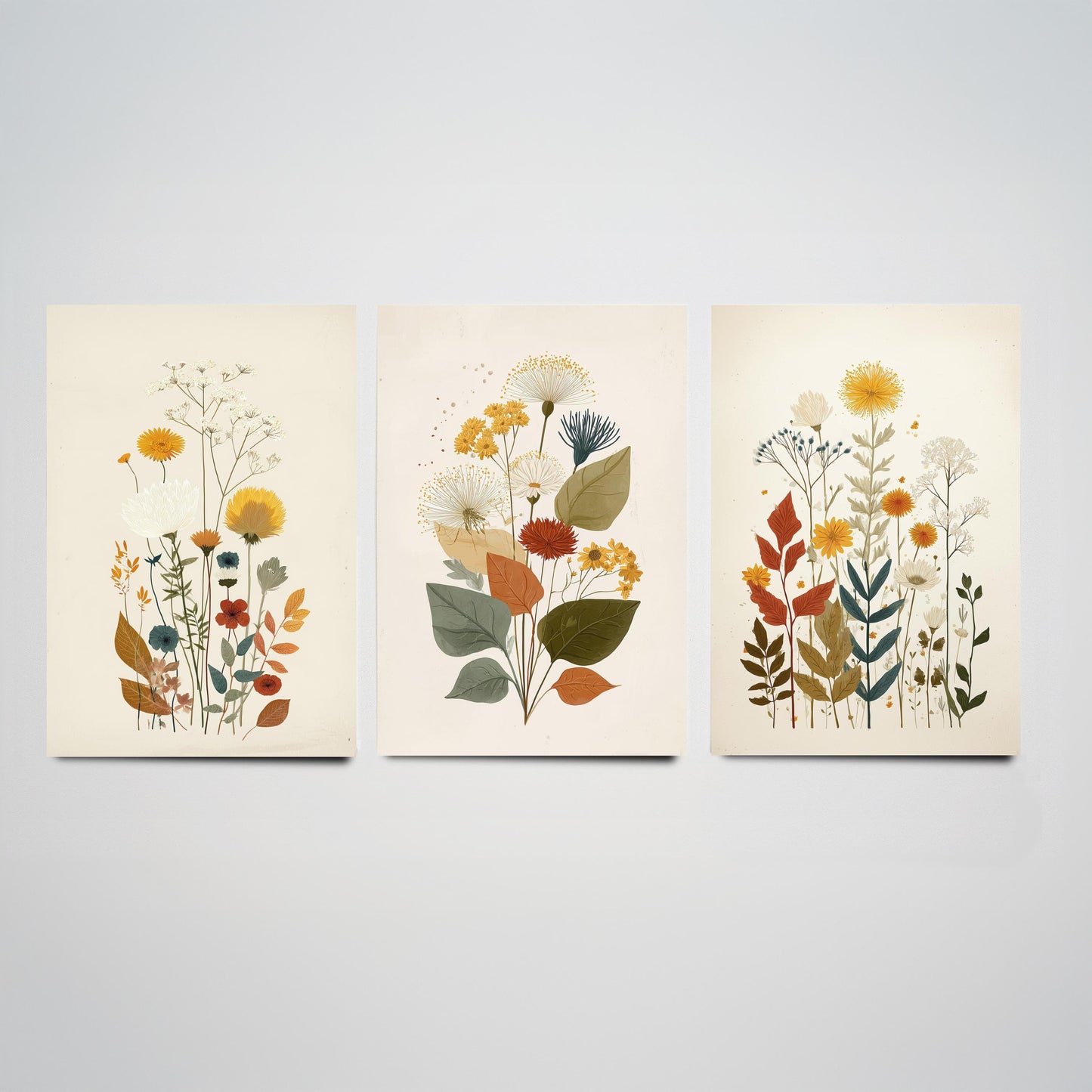 Vintage Floral Set of Three Art Prints | Orange Daisy Dandelion Modern Illustration Poster V7