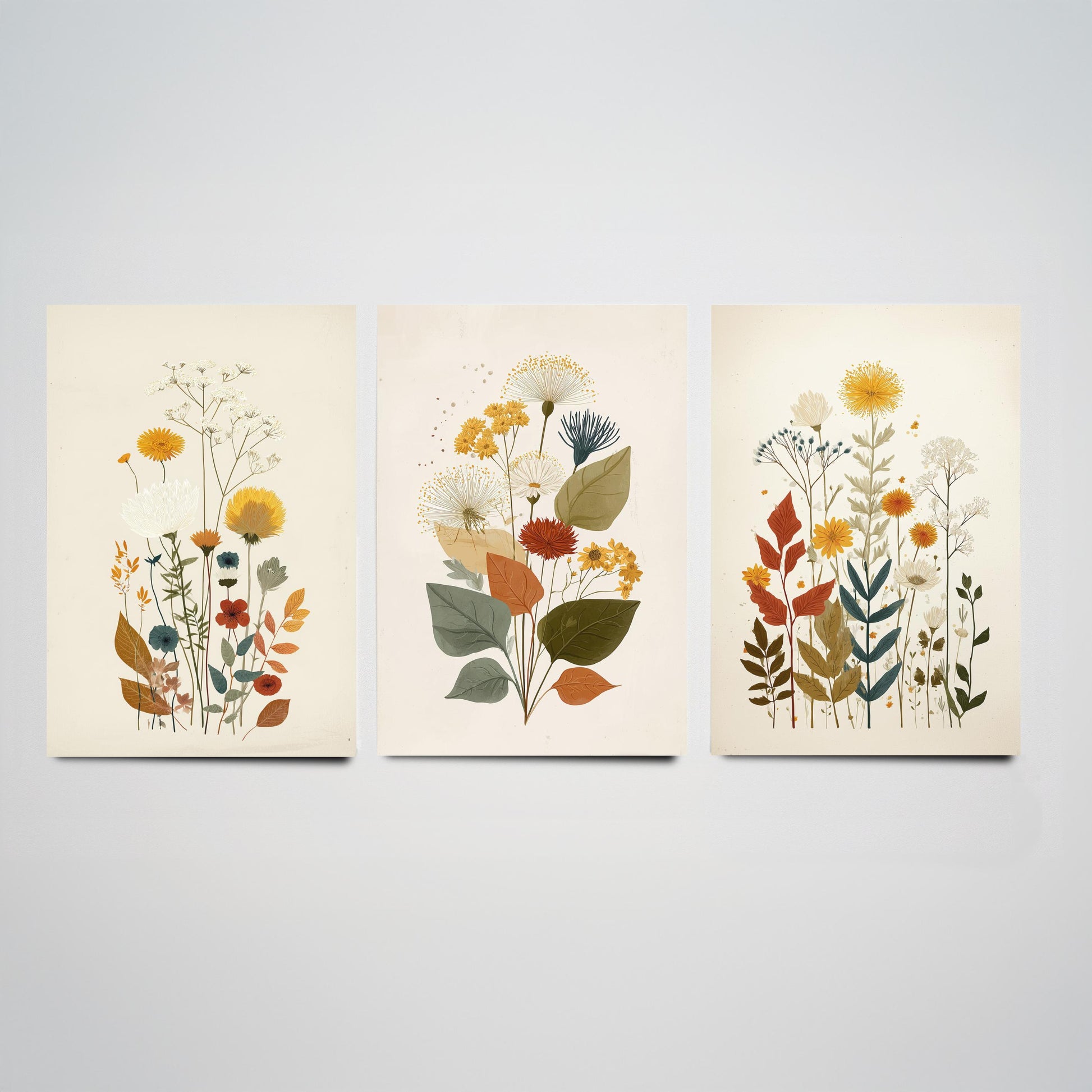 Vintage Floral Set of Three Art Prints | Orange Daisy Dandelion Modern Illustration Poster V7
