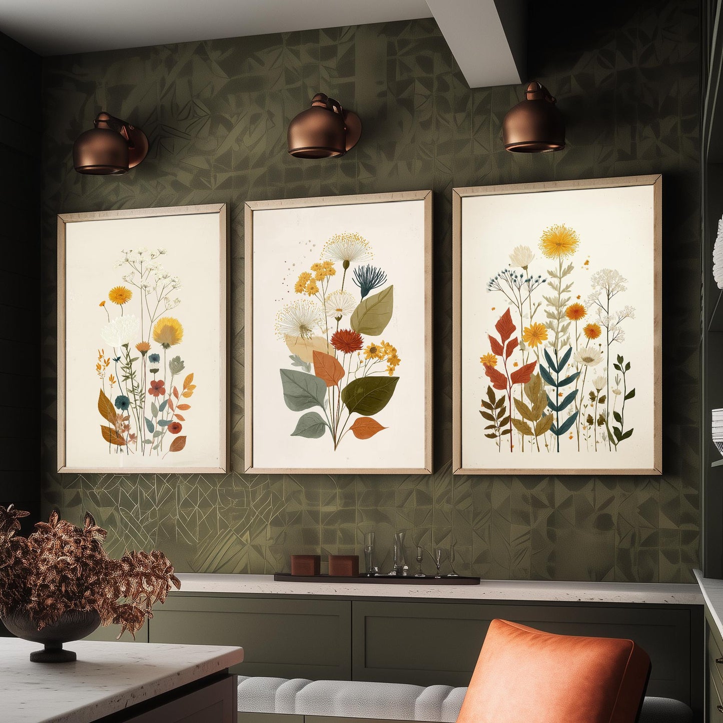Vintage Floral Set of Three Art Prints | Orange Daisy Dandelion Modern Illustration Poster V7